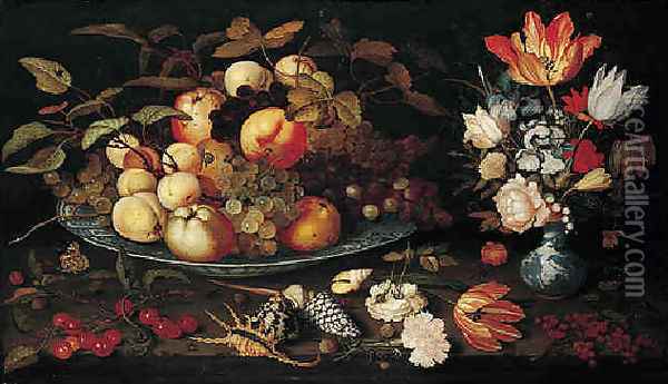A still life of apples, grapes, and peaches in a blue and white porcelain bowl, a bouquet of tulips, ros Oil Painting - Balthasar Van Der Ast