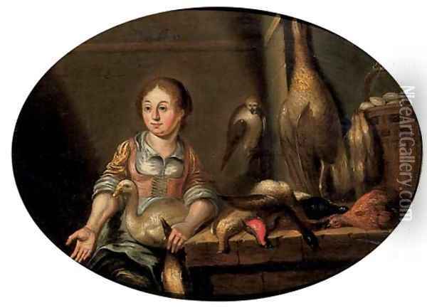 A maid in a kitchen, seated by a table laden with dead game Oil Painting - Floris Gerritsz. van Schooten