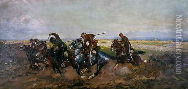 Polish Lancers attacking Russians, 1920 Oil Painting - Leonard Winterowski