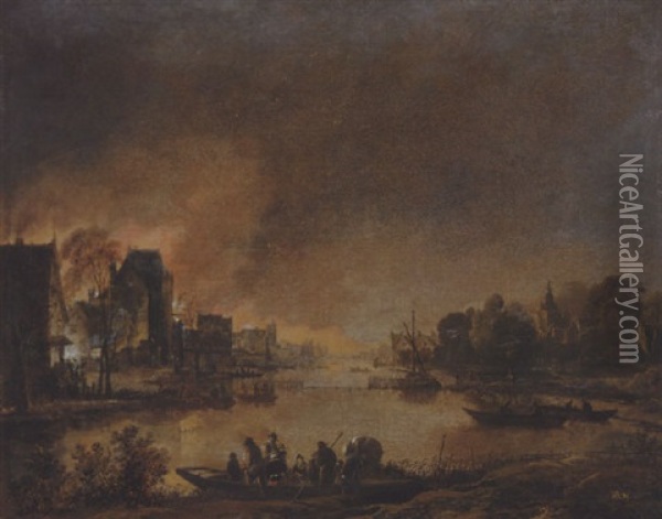 A Fire At Night In A Town Oil Painting - Aert van der Neer