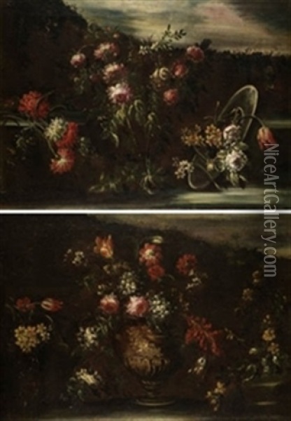 Jarron De Flores (+ Composicion Floral; Pair) Oil Painting - Margherita Caffi