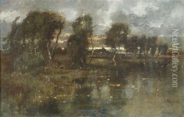 Birkengesaumter See Bei Sonnenuntergang Oil Painting - Karl Heffner