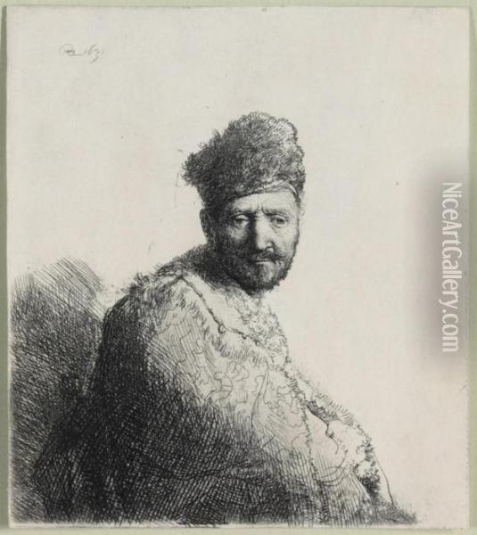 A Bearded Man, In A Furred Oriental Cap And Robe: The Artist'sfather Oil Painting - Rembrandt Van Rijn