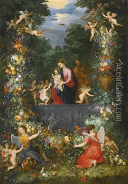 The Holy Family Within A Garland Of Fruit, Flowers And Vegetables Held By Angels Oil Painting - Hendrik van Balen the Elder
