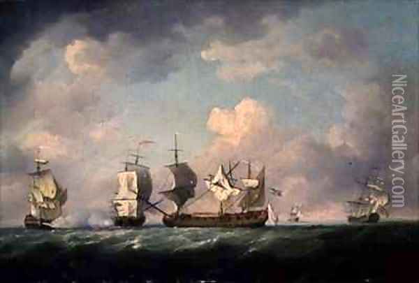 The Capture of the 'Marquis d'Antin' and the 'Louis Erasme' Oil Painting - Charles Brooking