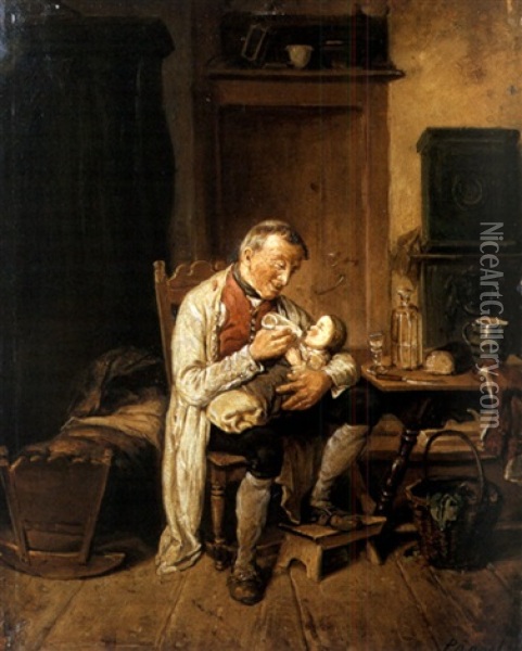 Opa Mit Baby Oil Painting - Rudolf (Heinrich Albert) Poeppel