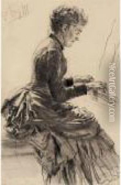 Woman Playing The Piano Oil Painting - Adolph von Menzel
