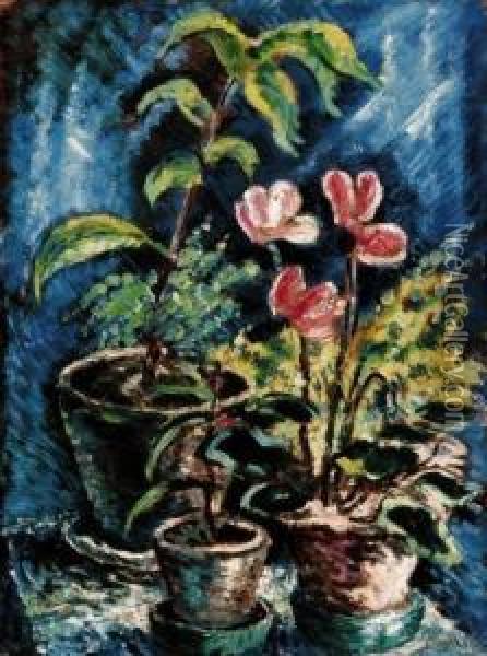Still - Life With Cyclamen Oil Painting - Janos Schadl