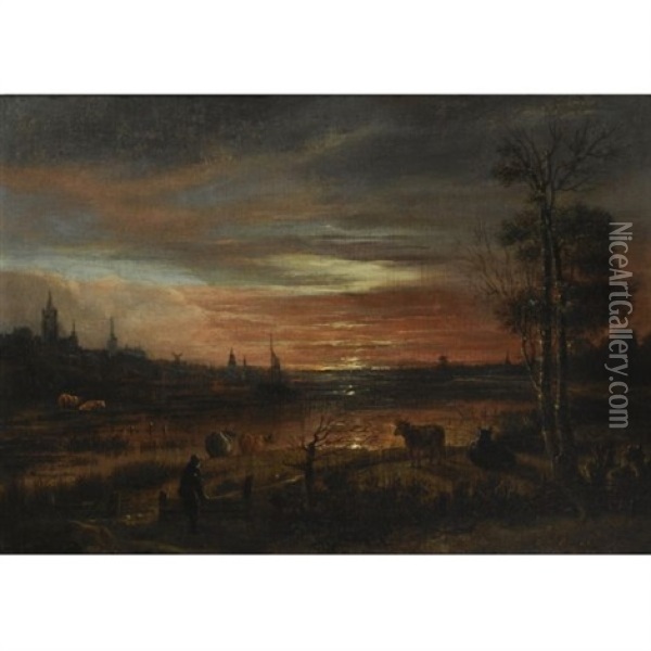A View Across A Marshy River Towards A Town After Sunset, Two Peasants And Cattle In The Foreground Oil Painting - Aert van der Neer