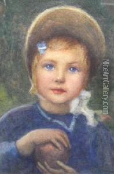 Portrait Of A Young Girl In A Bonnet Holding Anapple Oil Painting - Helen Mary Elizabeth Allingham