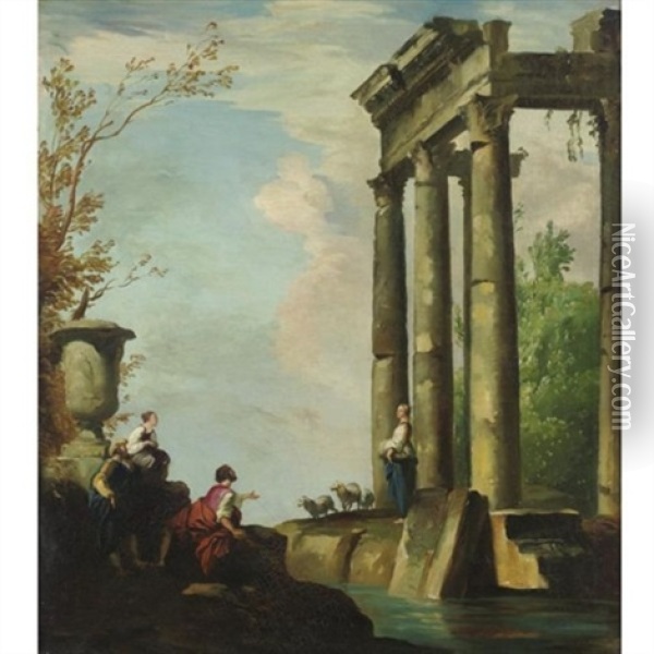Capriccio With Three Figures Oil Painting - Constantino Brumidi