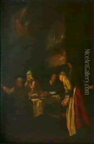 Scene De Repas Familial [&] Femme A La Cuisine     Entouree De Ses Enfants Oil Painting - Jan Josef Horemans the Younger