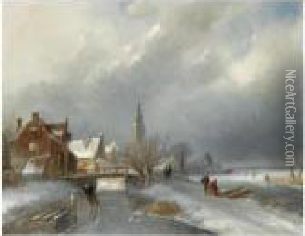 Figures In A Winter Landscape, A Village In The Background Oil Painting - Charles Henri Leickert