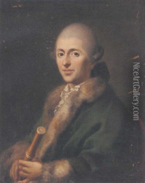 Portrait Of A Gentleman In A Green Fur Lined Coat Oil Painting - Jens Juel