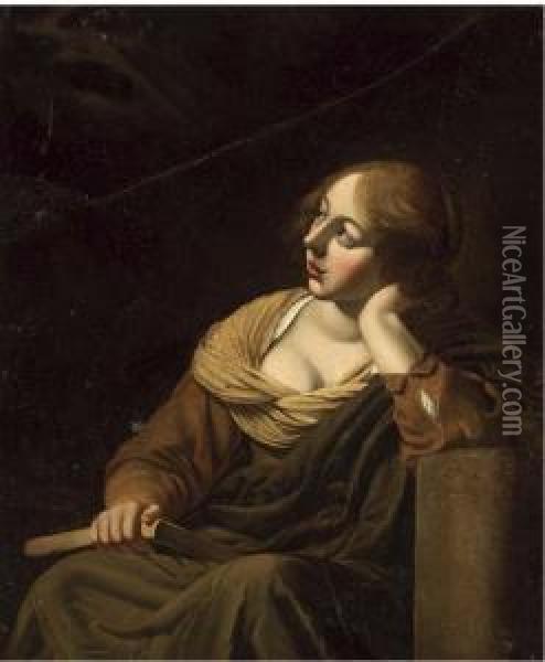 A Girl Looking Up In Adoration, (the Annunciation ?) Oil Painting - Jan De Bray