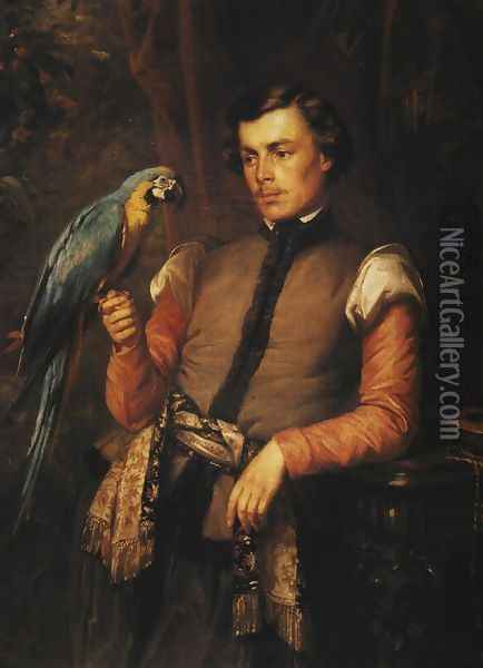 Nobleman with a Parrot Oil Painting - Jozef Simmler