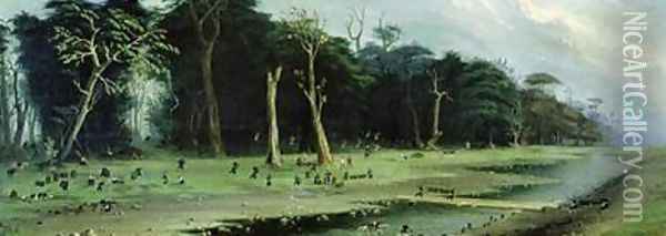 Soldiers Cutting Branches by a River Oil Painting - Candido Lopez