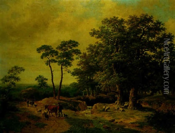 Farmers And Shepherds In A Forest Oil Painting - Hendrik Pieter Koekkoek
