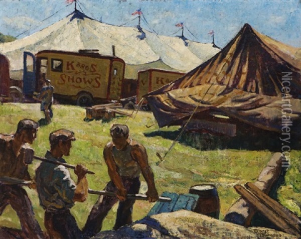 Circus In (town) Maine, Men Setting Up Circus Tents Oil Painting - Ernest Townsend