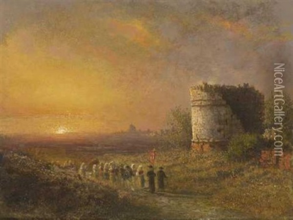Prozession Vor Rom Im Abendlicht Oil Painting - Albert Arnz