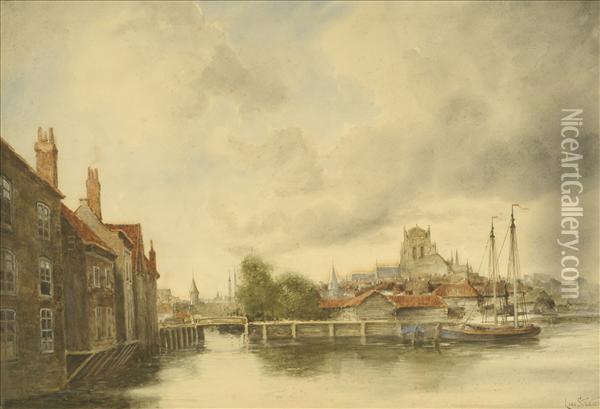 Louis Van Staaten Near Rotterdam,harbour Scene With Sailing Barges Oil Painting - Hermanus Jr. Koekkoek