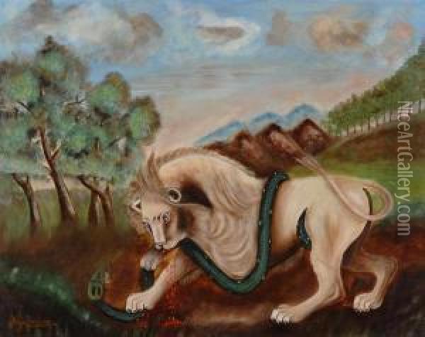 Lion Devorant Un Boa. Oil Painting - Henri Julien Rousseau