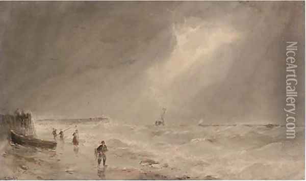 Fishermen on the beach, a swell brewing offshore Oil Painting - Edward Tucker
