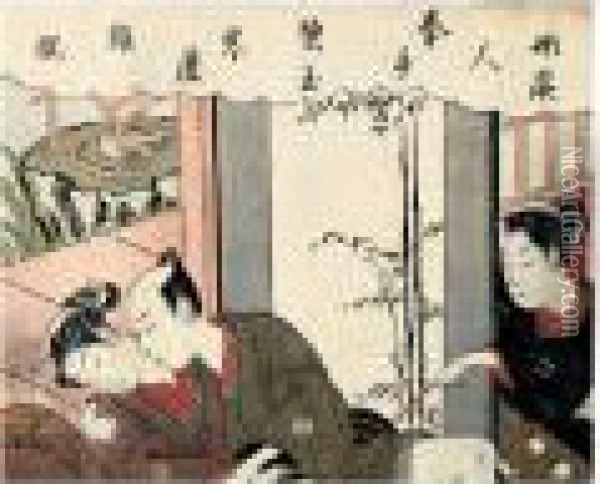 Shunga: Le Chien Noir Oil Painting - Suzuki Harunobu