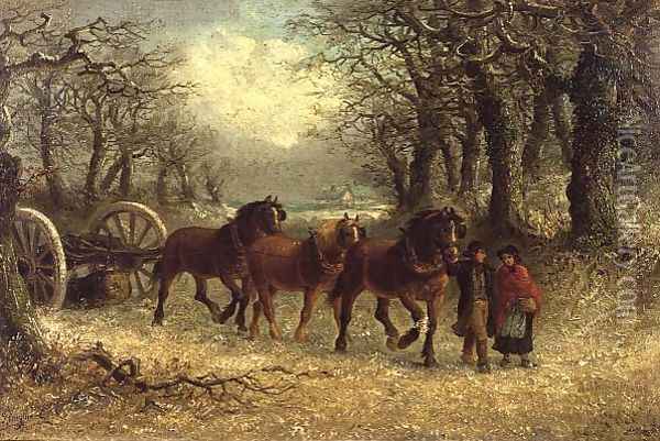 Couple leading a horse-drawn logging cart in winter Oil Painting - Thomas Smythe