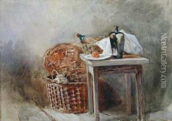 Still Life With Baskets And Bottles Oil Painting - Thomas Thornycroft