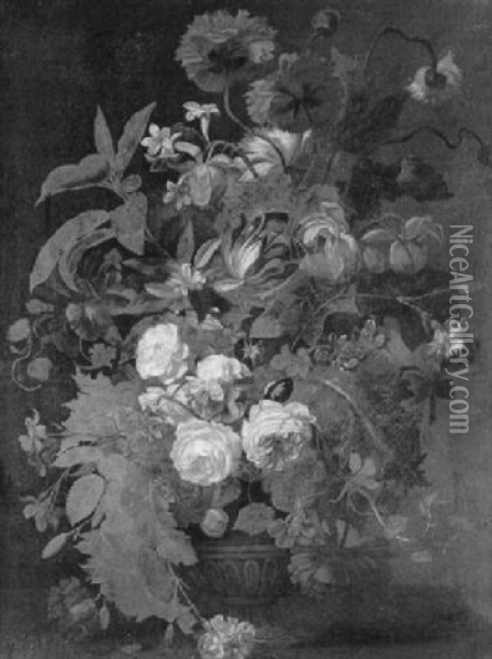 Bouquet De Fleurs Dans Un Vase En Pierre Sculpte Sur Un Entablement Oil Painting - Justus van Huysum the Younger