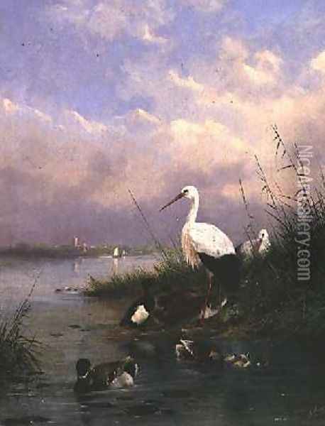 A family of Mallard two Storks and a family of Tufted Ducks Oil Painting - Augustus Knip