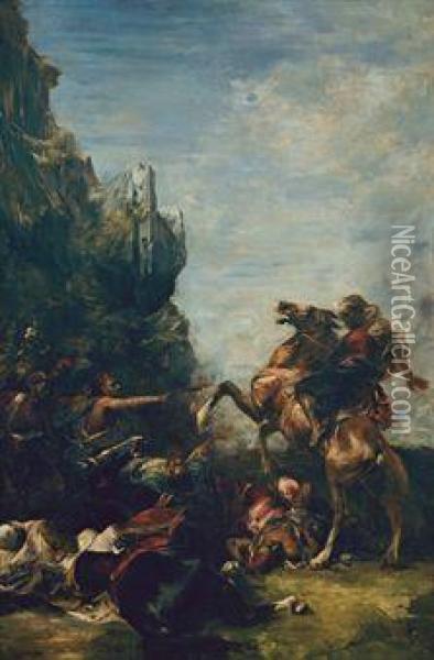Arabes Attaques Dans Une Gorge De Montagnes Oil Painting - Eugene Fromentin