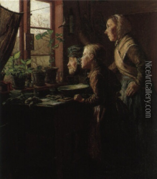 Interior Med Mand, Kvinde Og Lille Pige Oil Painting - Hans Andersen Brendekilde