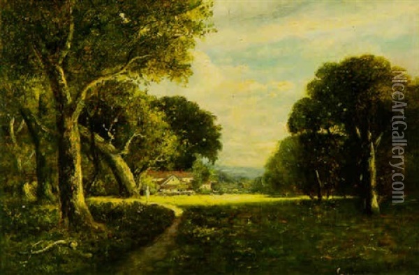 California Landscape With Figure On Path And Cottage Beyond Oil Painting - William Keith