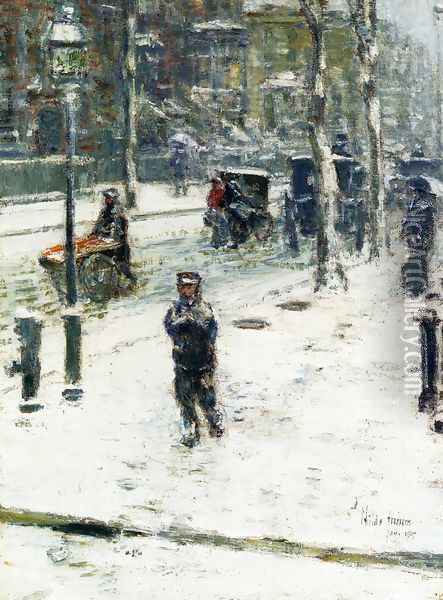 Snow Storm, Fifth Avenue, New York Oil Painting - Childe Hassam