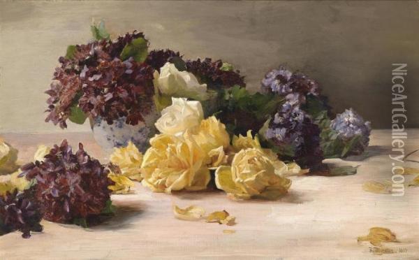 Roses And Violets Oil Painting - Ruth Mercier