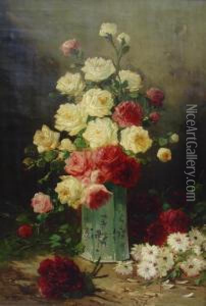 Stilllebenmit Rosen Und Chrysanthemen Oil Painting - Henri Robbe