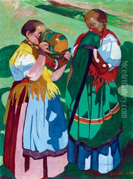 Girls Oil Painting - Jenoe Szigeti