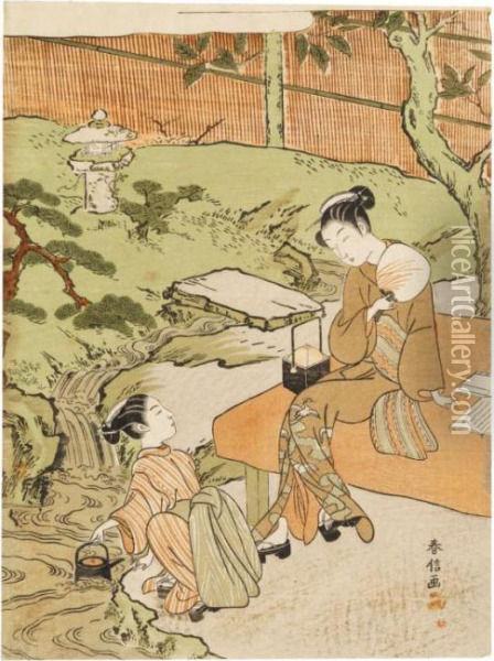 Deux Jeunes Femmes Assises Dans Un Jardin Pres D'un Coursd'eau Oil Painting - Suzuki Harunobu