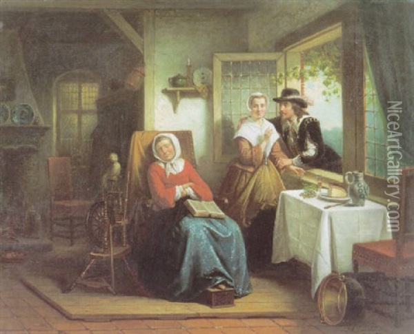 Het Bezoek Oil Painting - Jan Jacobus Matthijs Damschroeder