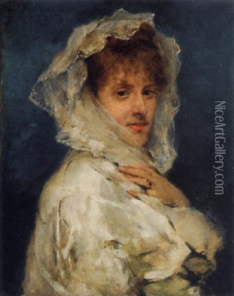 Woman In White Oil Painting - Francisco Miralles y Galup