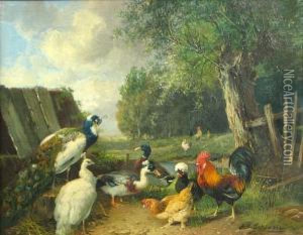 Peacocks, Ducks And Chickens Near A Pond Oil Painting - Julius Scheurer