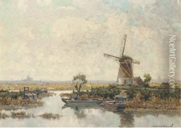 Bij Voorschoten: Windmill In A Polder Landscape Oil Painting - Gerard Delfgaauw