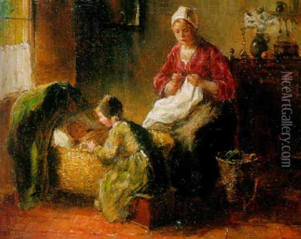 A Cottage Interior With A Mother, Child And Baby Oil Painting - Bernard de Hoog