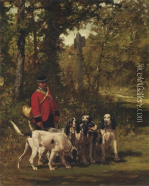 A Huntmaster With His Dogs On A Forest Trail Oil Painting - Olivier de Penne