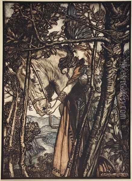 Brunnhilde slowly and silently leads her horse down the path to the cave, illustration from The Rhinegold and the Valkyrie, 1910 Oil Painting - Arthur Rackham