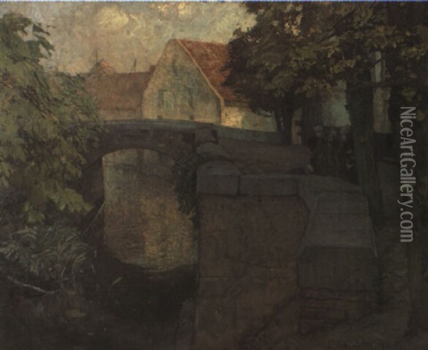 Hollandischer Kanal Mit M,chtigen Ufermauern Aus Rotem Backstein Oil Painting - Gustav Schoenleber