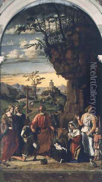 Nativity with Saints Helena, Catherine and Tobias the Angel Oil Painting - Giovanni Battista Cima da Conegliano