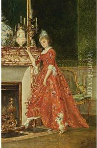 An Elegant Lady And Her Dog By A Fire Place Oil Painting - David Bles
